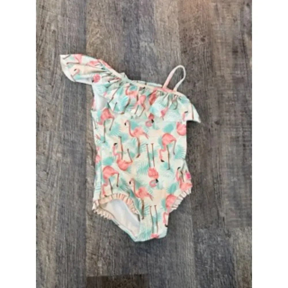 RuffleButts Girls 4T Flamingo Tropical Ruffle One Piece Swimsuit Aqua Pink